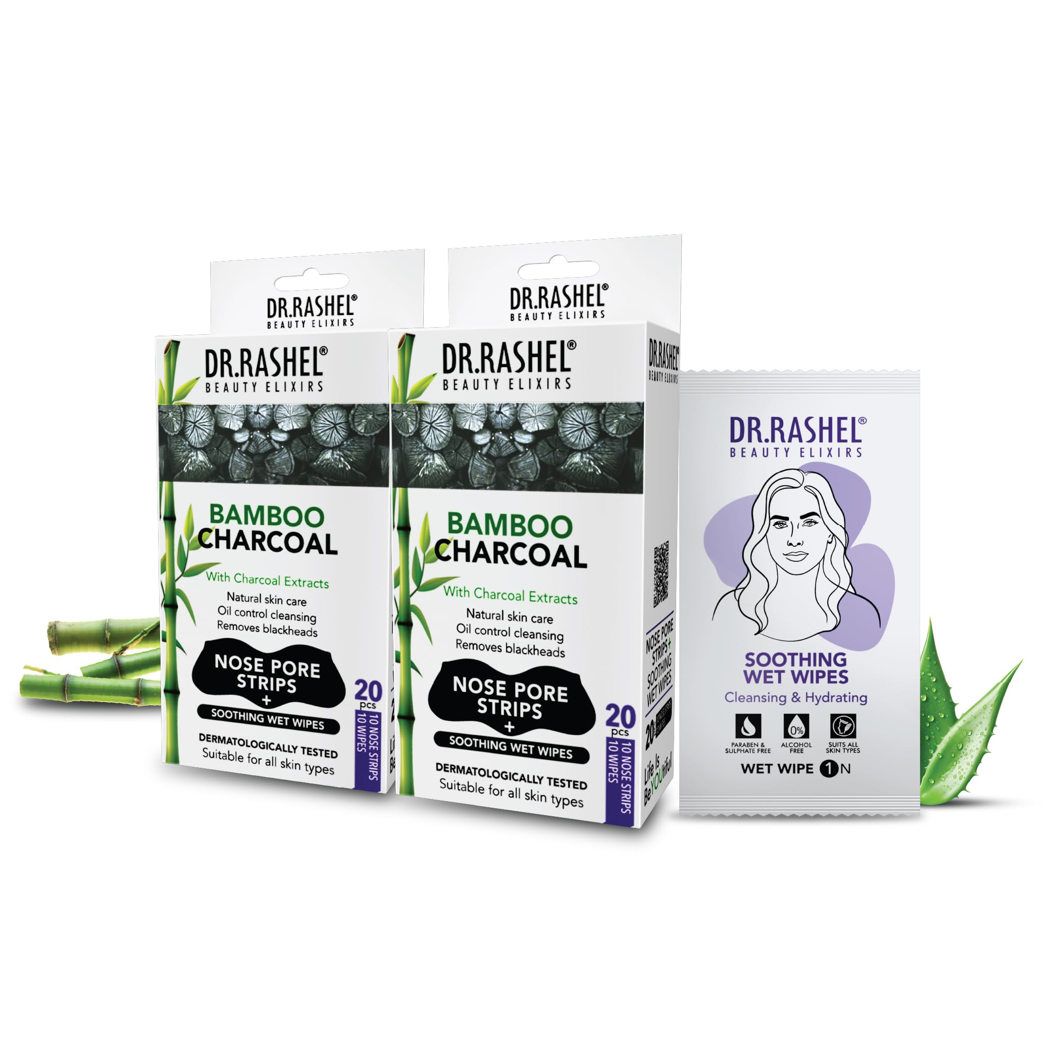 DR.RASHEL Nose Pore Strips | With Bamboo Charcoal | Deep Cleansing | Instant Blackhead Remover | 20 Strips + 20 Wipes | Pack Of 2