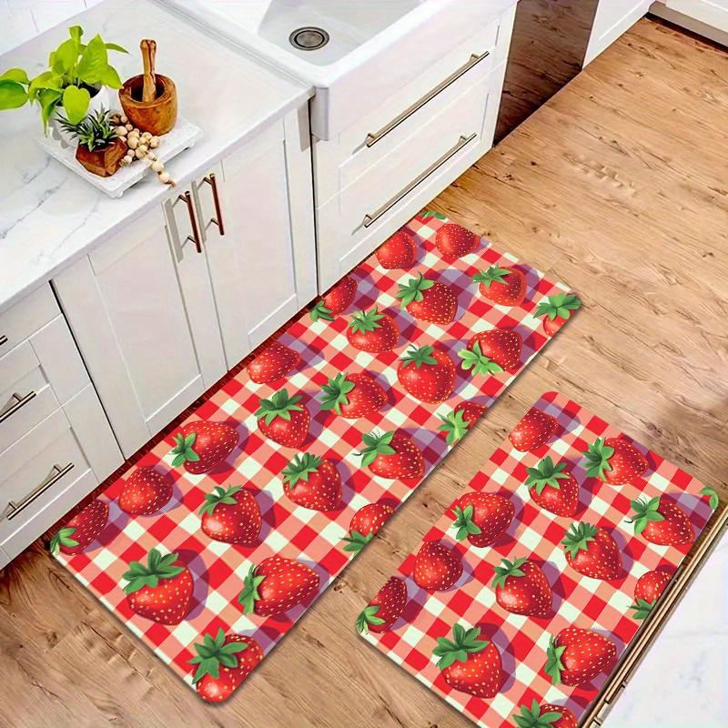 1pc Strawberry & Checkered Design 8mm Thick Polyester Floor Mat - Machine Washable, Rectangular Mat for Kitchen, Bathroom, Livin
