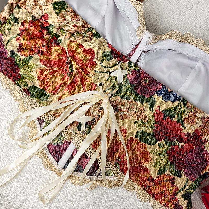 Plus Size Retro French Fishbone Corset: Sexy Lace-Up European & American Floral Bustier Top for Women