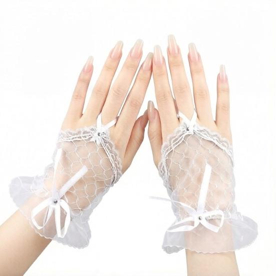 Women Lace Gloves Fingerless Mesh Gloves with Bow Embellishment A белый