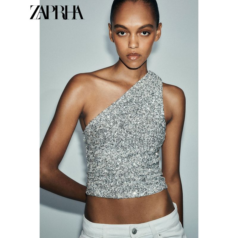 Zaprha 2025 Summer New Popular Asymmetric Design Sense Sequin Girly Style off-Shoulder Top 1014803