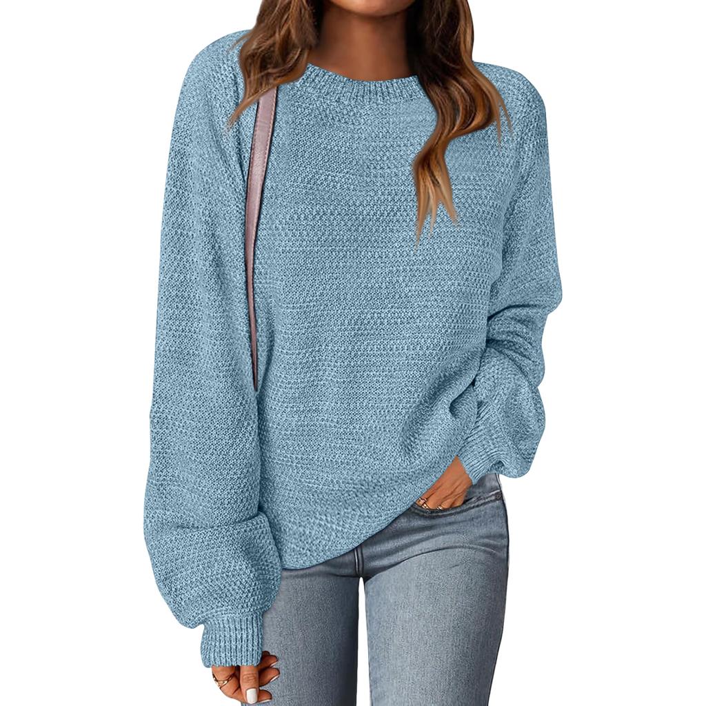 Women's Fashion Round Neck Pullover Sweater Casual Versatile Solid Color Knit Top