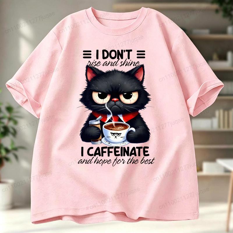 Funny Coffee Loving Cat Vintage Men's T-shirt Fun Quirky Style Humor Animal Graphic Unisex Trend Hip Hop Streetwear Tee Shirts
