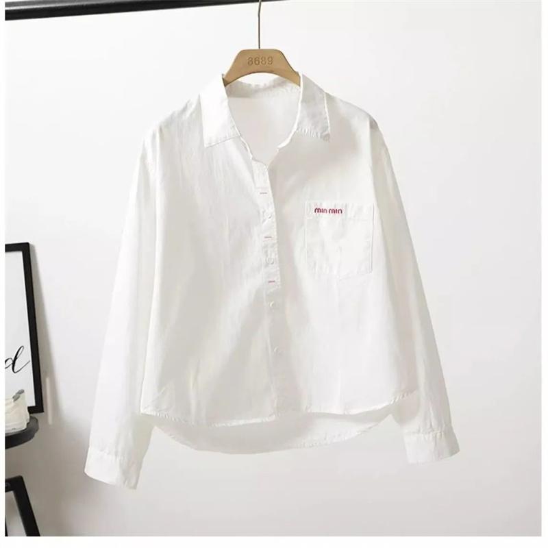 Short Cotton Shirt Women's Spring Summer Coat Fashion Letter Pocket Jacket Long Sleeve Casual Blouse Joker Ladies Tops