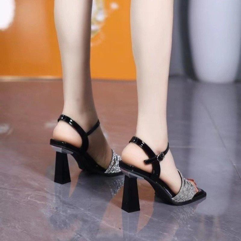 Fashion Slip Strap Square Heel Sandals Summer New Square Toe Open Toe Rhinestone Slender Strap Anti-slip Wear-resistant High Heels