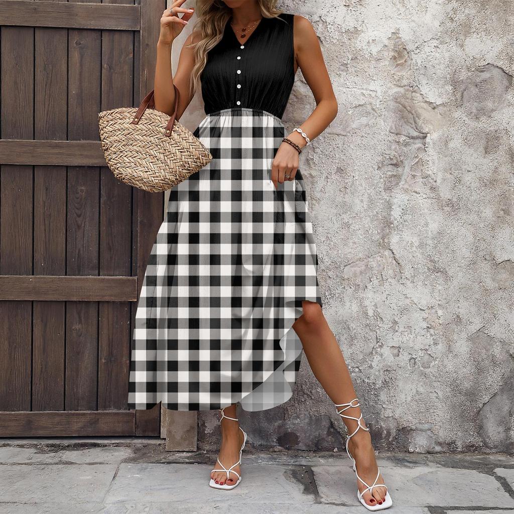 Dámské ležérní a módní šaty střední délky bez rukávů s potiskem a výstřihem do V