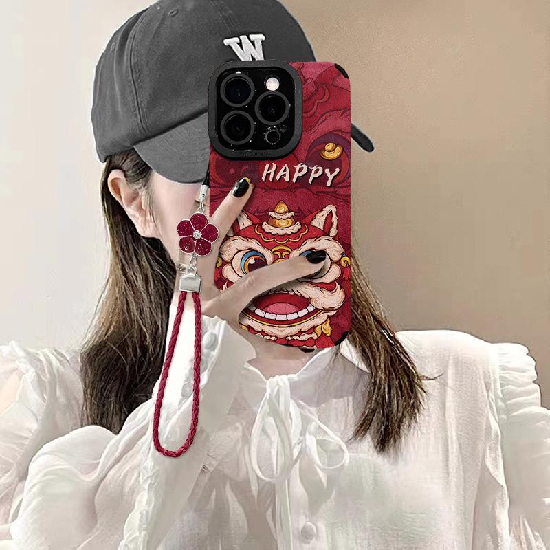 Cute Lion Dance Bracelet, Suitable for Apple New Year Phone Case 15pro, Red and Festive, 14-hole Anti-drop 13/12