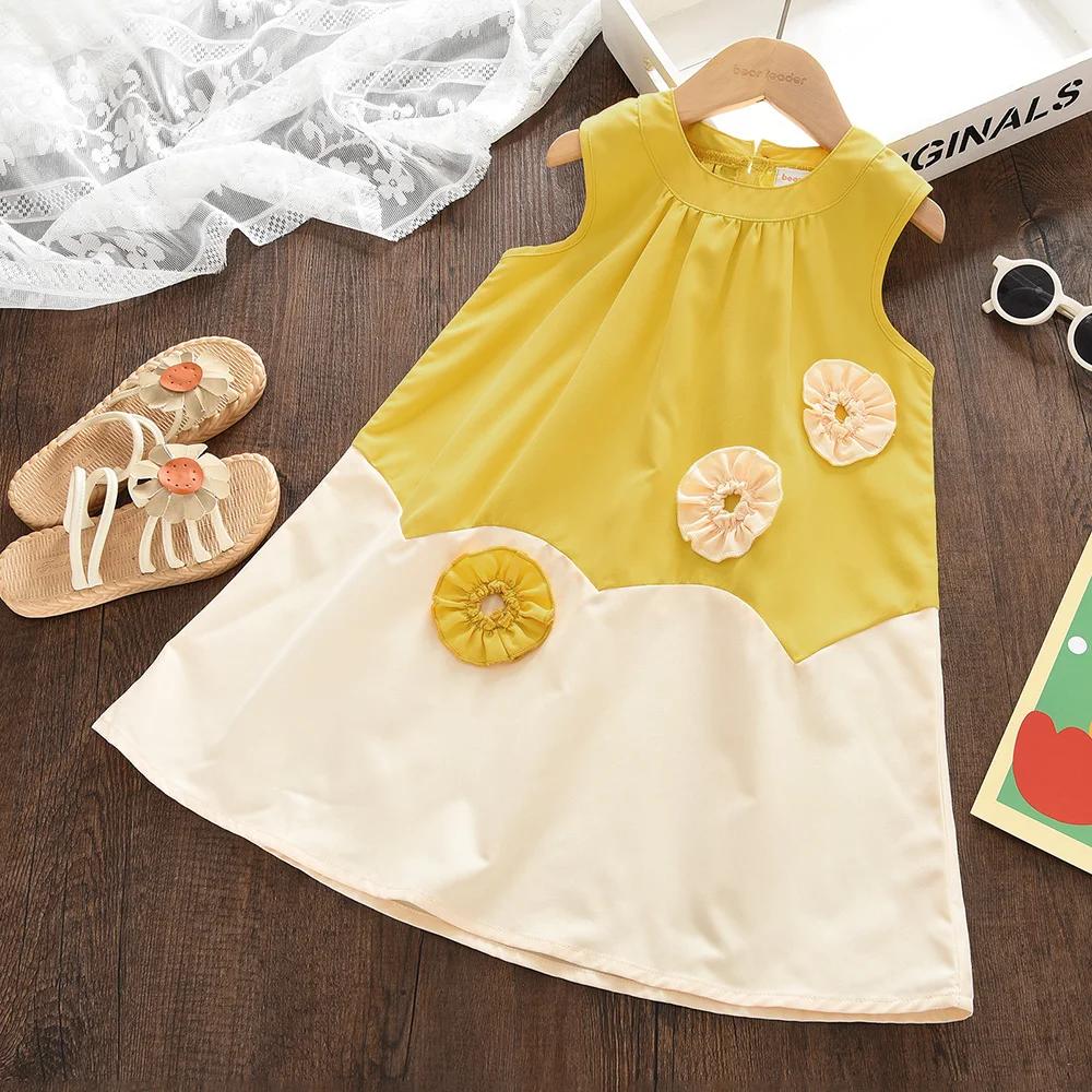 Summer Fashion 2-7Years Girls Casual Dresses 3D Flower Sleeveless Vest Splicing Kids Clothes 4Y