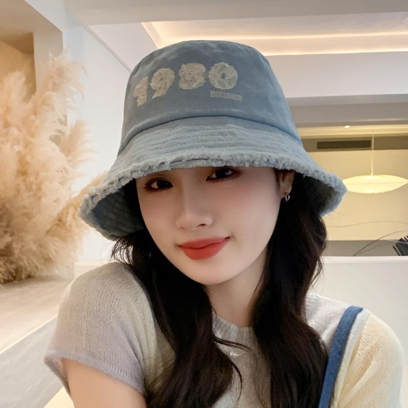 Hat women's new bucket hat denim sun hat face cover versatile letter fashion sunscreen hat