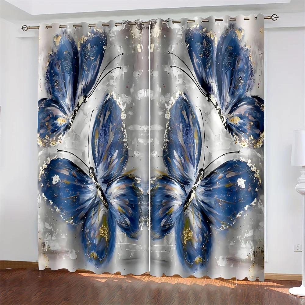 2 Stück Lila Und Blau Kristall Schmetterling Blumen Bedruckt Vorhangstangentasche Montage Digital Gedruckte Vorhänge Für Wohnzimmer Kleidung