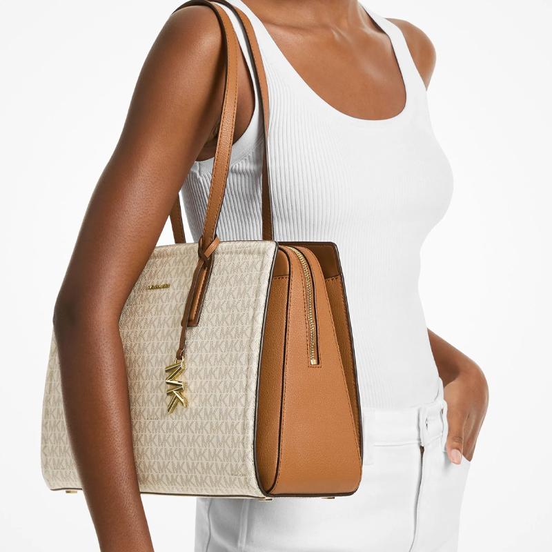 Michael Kors Laila Logo Snap Closure Faux Leather Tote Bag Women Tote Bags Vanilla-White 30S5G9IT2B-VANILLA/ACRN