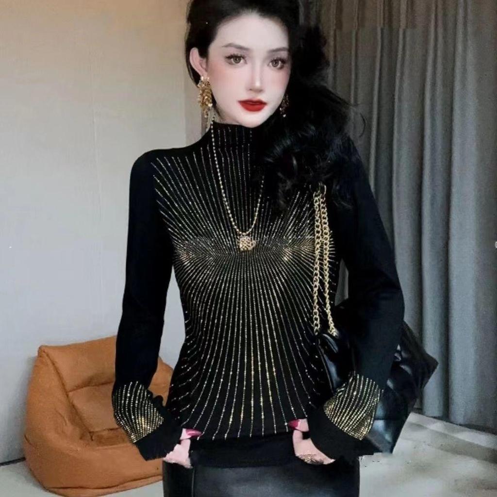 Brilliant Fireworks Women's Rhinestone Long Sleeve Fleece Top - Slimming, Versatile, and Warm for Autumn/Winter