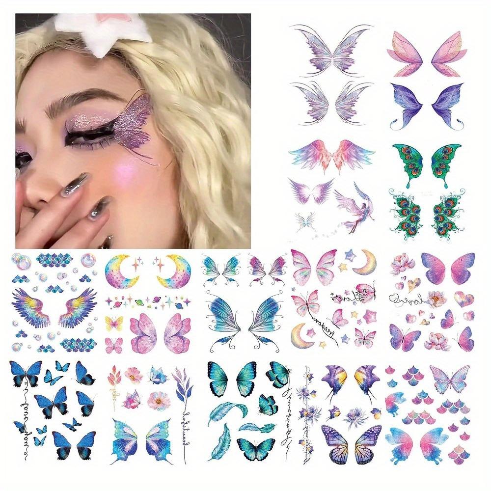 12 Sheets Waterproof Temporary Glitter Butterfly Tattoos Suitable for Women Girls Shiny Glitter Body Art Stickers with Butterfly Wings