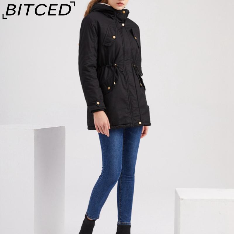 BITCED Autumn/Winter Women's Cotton Coat Solid-Colour Hooded Parka Thick Cotton Coat with Fleece Lining