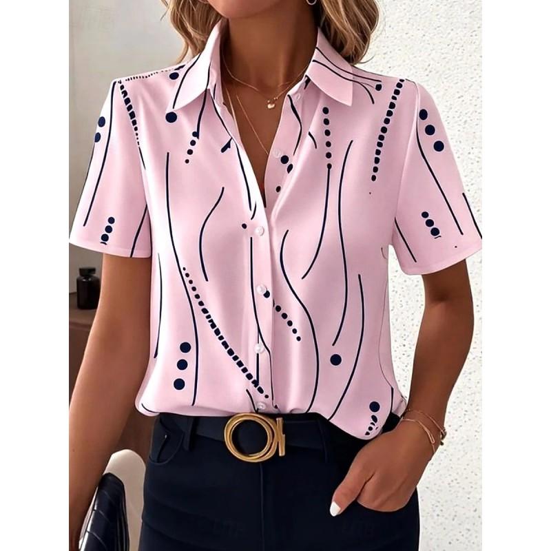 Womens Loose Fit Short Sleeve Printed Shirt Casual Vacation Style Collared Open Front Top