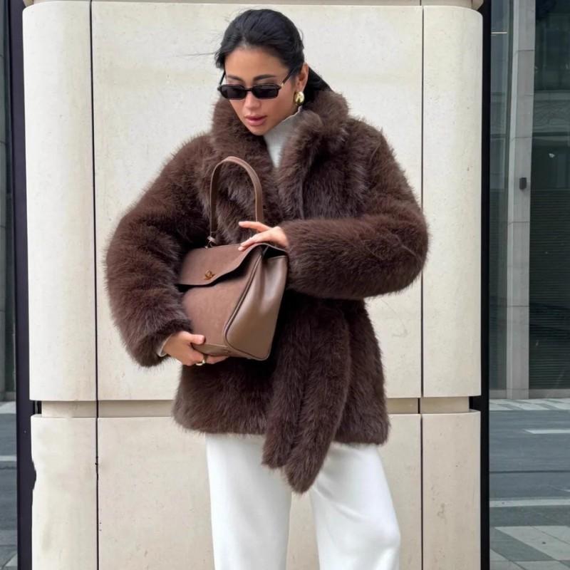 Womens Faux Fur Coat Mid-Length With Belted Waist Elegant Winter Outerwear In Black Coffee Beige