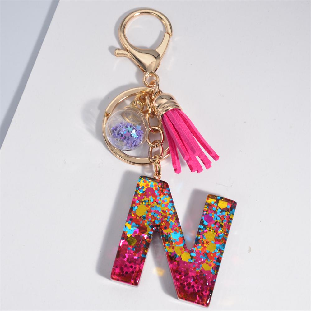 Fashion Tassel Star Ball 26Letters Keychain Colorful Sequins Resin Key Ring for Women Girls Car Handbag Phone Case Pendant Gifts