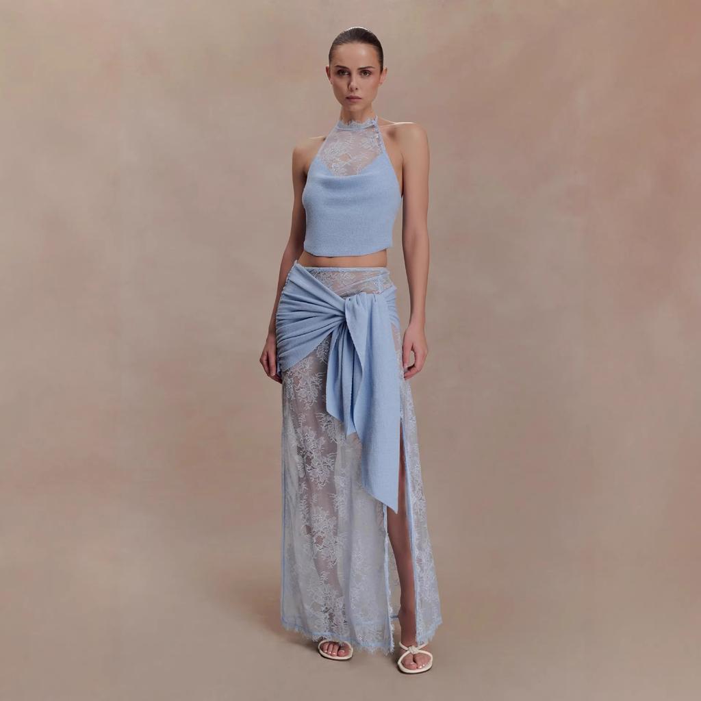 Women's new fashionable and sexy hollow lace skirt set swing collar top skirt two-piece set women's wholesale