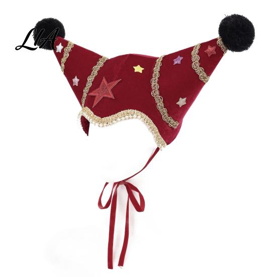 Holiday Photo Booth Decorations Christmas Jester Hat, Velvet Star Clown Hat with Gold Trim Pom Retro Style Performance Headpiece Poms, Adjustable Tie,
