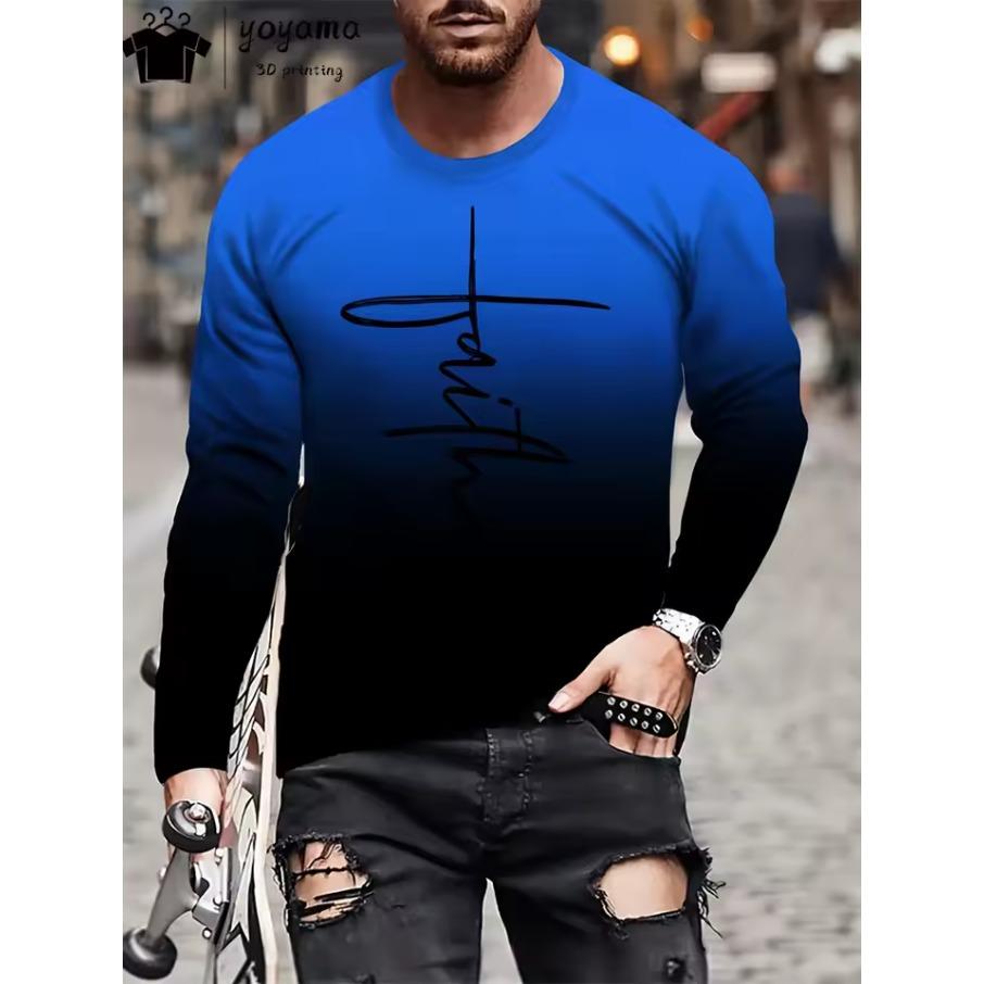 Alphabet Print Men's Clothing Round Neck Men's Long Sleeve T-shirts for Men Harajuku T shirt Men Gradient Men's Clothing