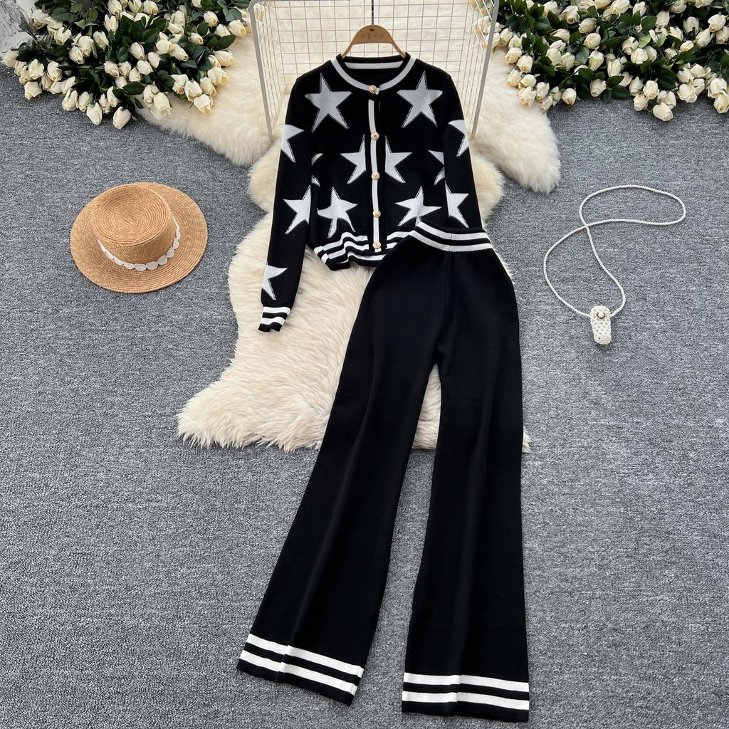 Korean Fashion Star Print Crew Neck Single-breasted Knitted Cardigan Sweater Jacket Women's High-waisted Casual Wide-leg Trousers