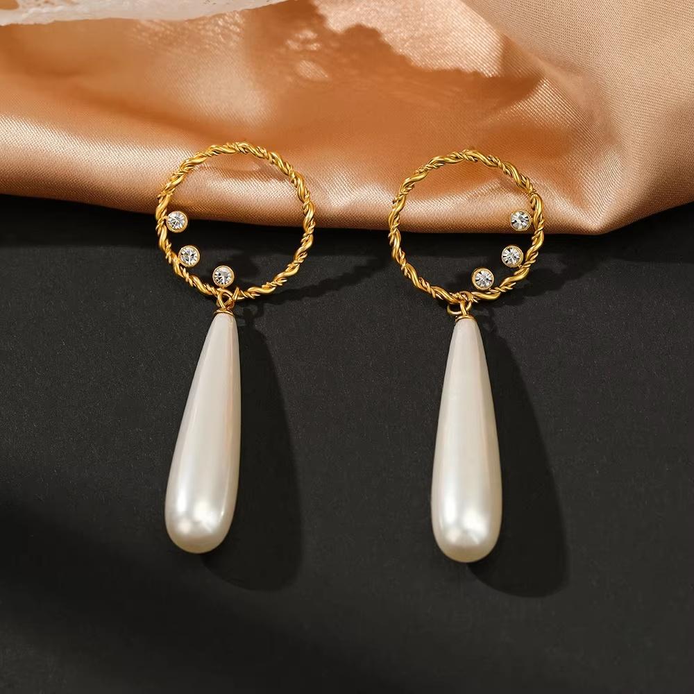Elegant Fashion Pearl Pendant Earrings Dainty Gold Plated Stainless Steel Twisted Ring Stud Earrings  For Daily Wearing