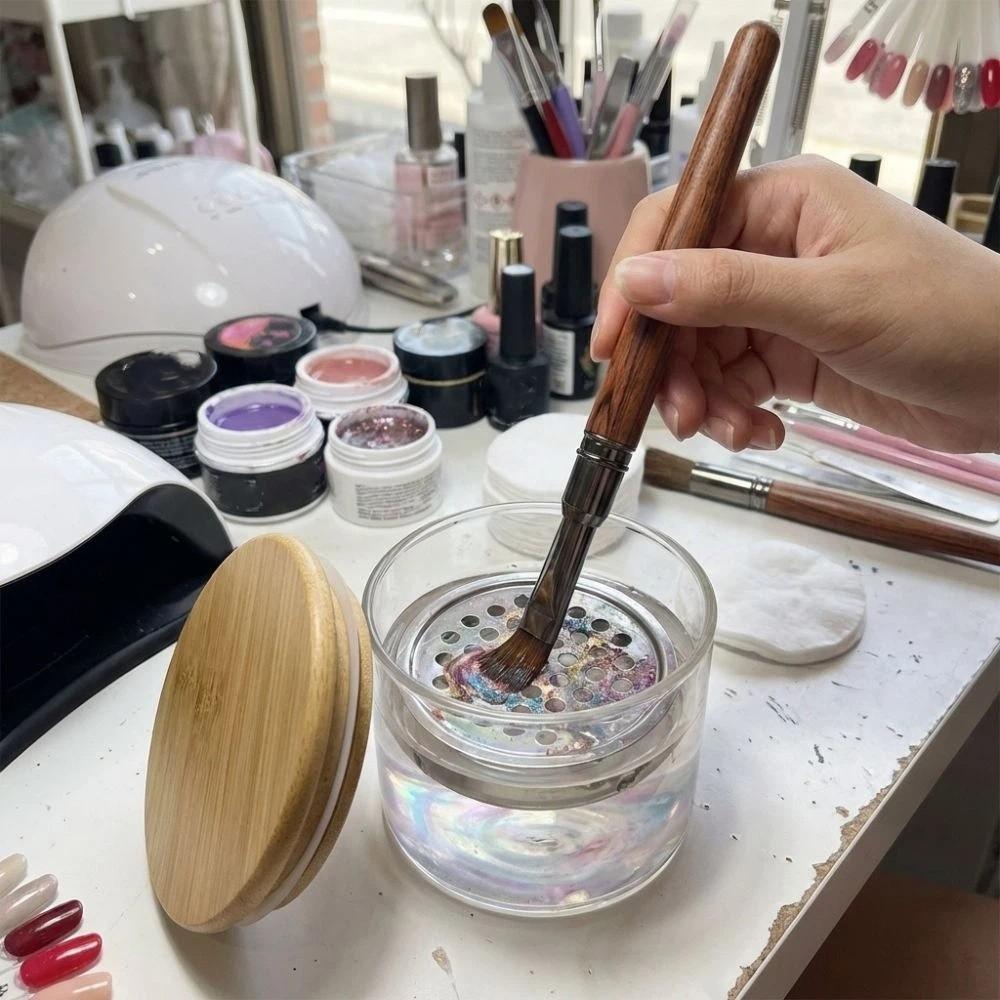 Round Nail Brush Cleaner Cup Transparent Glass Brushes Washing Cup Acrylic Brushes