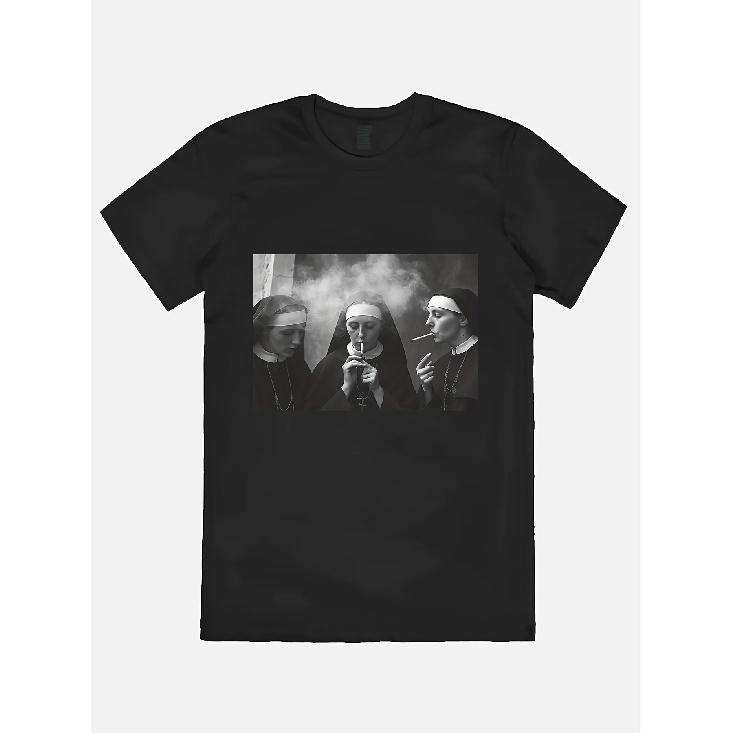 Men's Smoking Nun & Nun Art Print T-Shirt - Black & White Religious Iconography Casual Short Sleeve Round Neck Tee, Iconic Nun Painting Reproduction