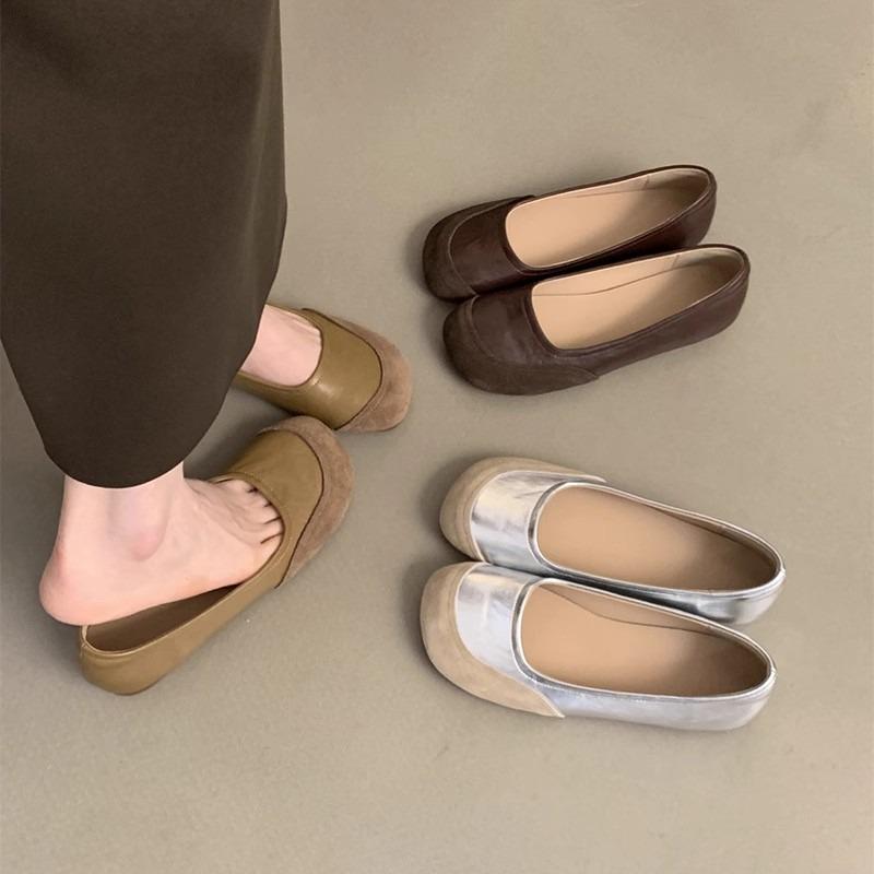 Fashion Women's Soft Leather Ballet Flats Foldable Soft Sole Short Square Toe Granny Shoes Retro Versatile Trendy Shoes for Women