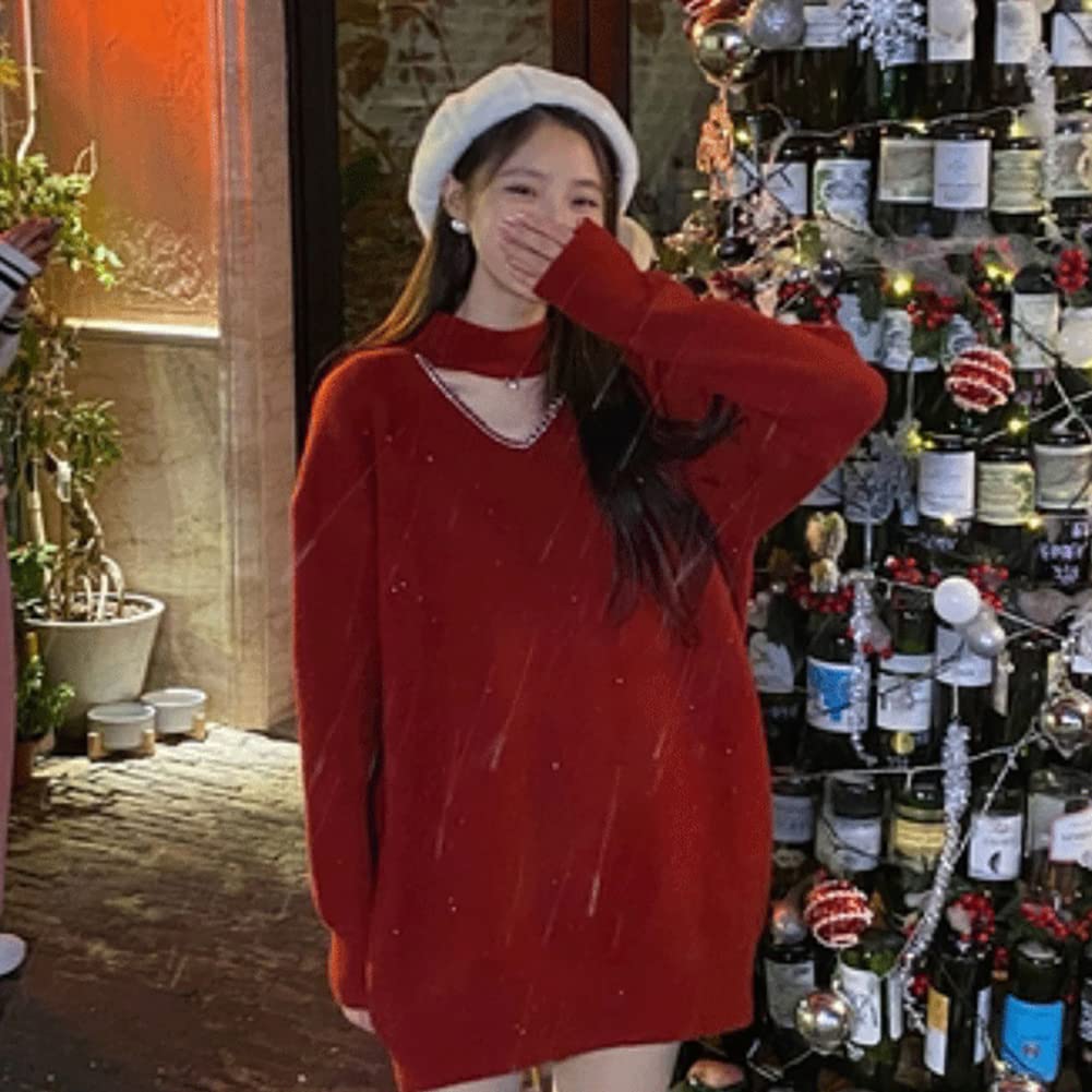 NOLCCTN Knit Long Christmas Knit Long Loose High MY218 Women's Dress, Sleeve, Tunic, Sweater, Slimming, Fit, Neck, Autumn/Winter, (M, Red)