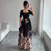 Women's Square Neck Floral Print Maxi Dress Half Sleeve High Waist A-Line Elegant Casual Party Long Dress