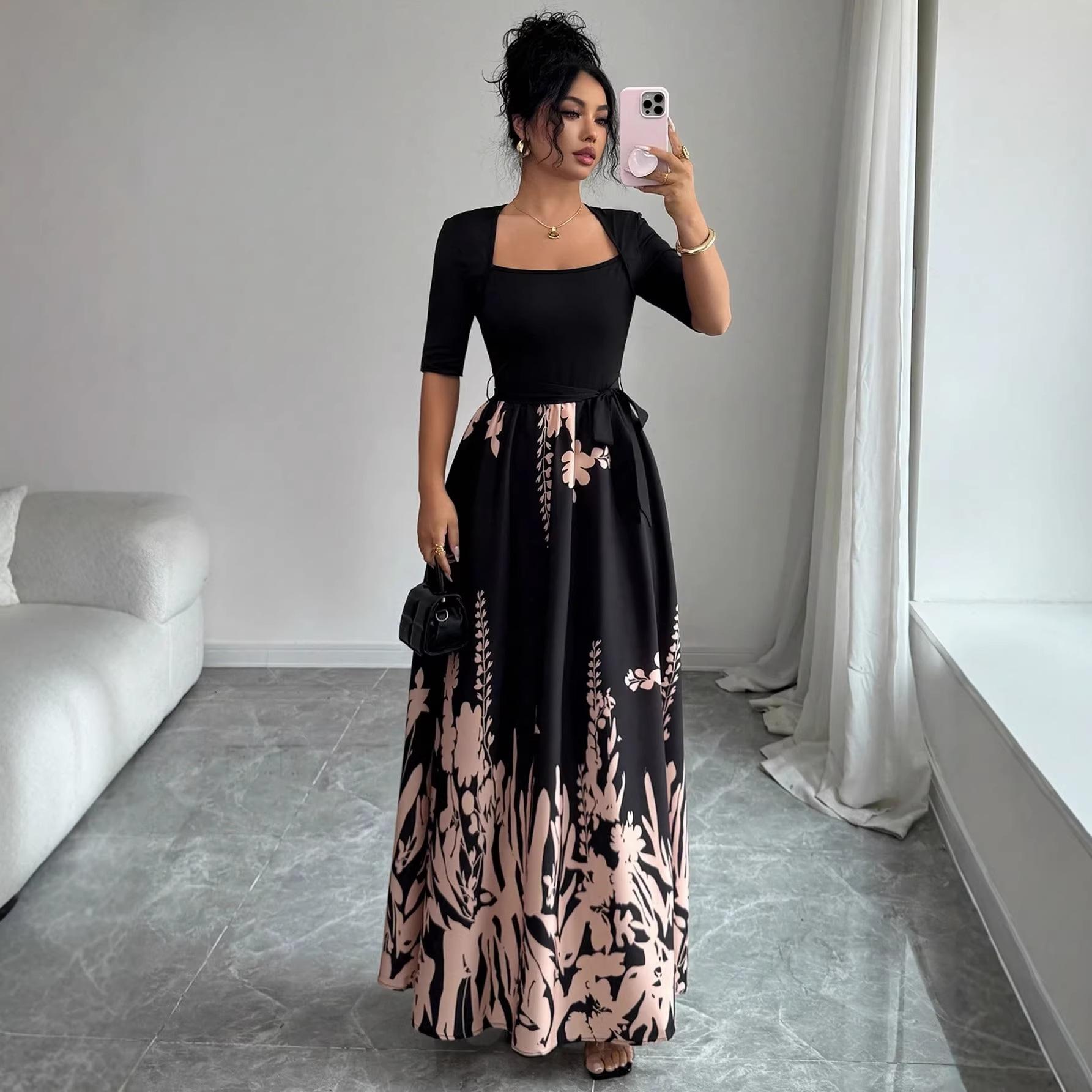 

women s Square Neck Floral Print Maxi Dress Half Sleeve High Waist A-Line Elegant Casual Party Long Dress XL чорний
