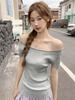 Korean High-end Temperament One-word Collar Showing Clavicle and Thin Knitted Short-sleeved Women's Summer Versatile Pure Desire T-shirt Top