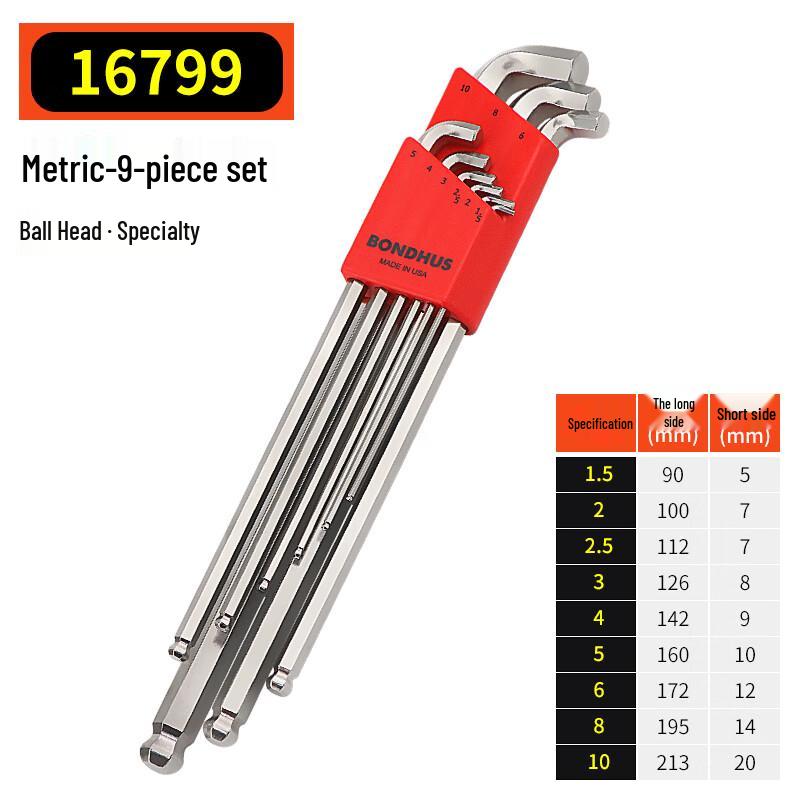 BONDHUS 16799 Metric 9-Piece Ball-End Hex Key Set 1.5-10mm