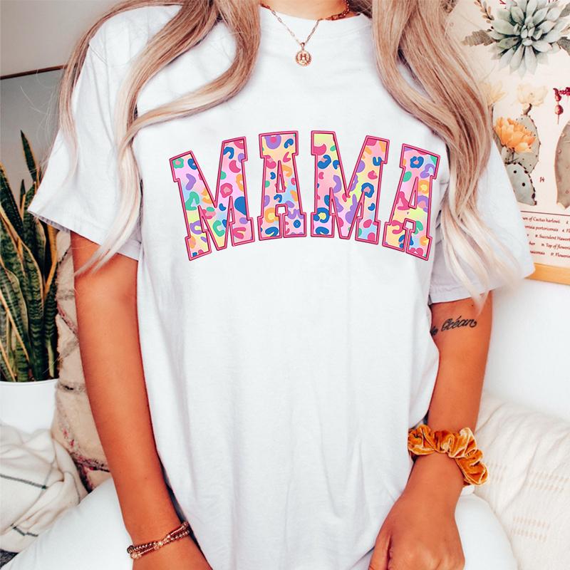 Retro Flower MAMA Graphic T Shirts Women Mothers Day Gift for New Mom Cute Mama Tshirt Leopard Lightning Mama Crew Neck Tshirt