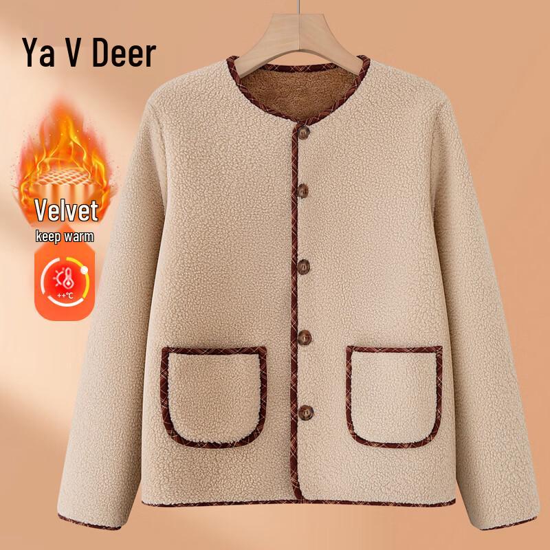 

Ya Lu 2025 Winter Warm Fleece-Lined V-Neck Jacket for Middle-Aged Women 4XL