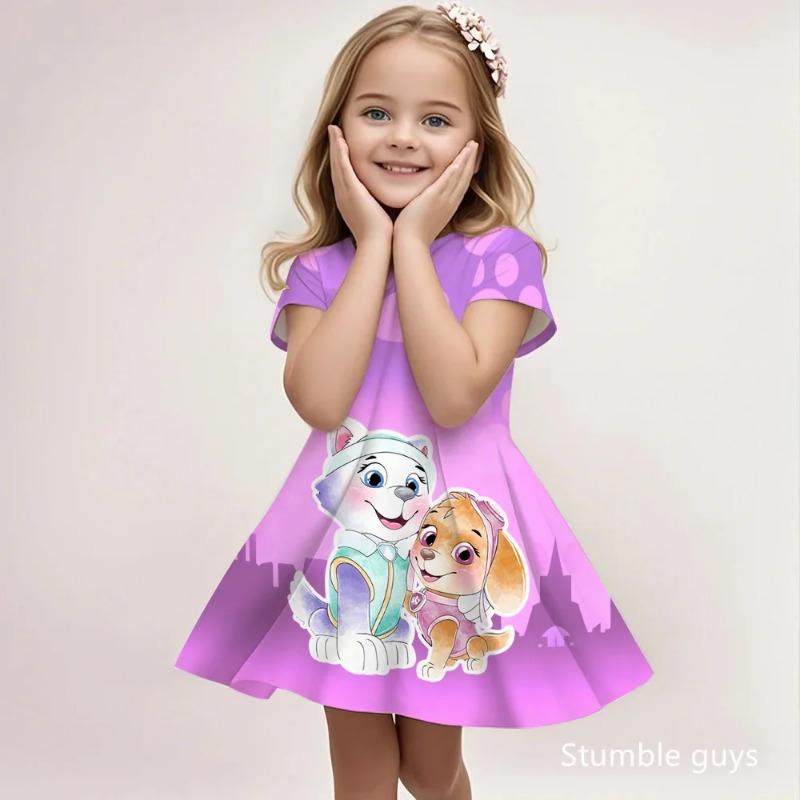 Summer Girls Paw Patrol A-Line Dress Cute Cartoon Ruffle Hem Casual Beach Soft Lightweight 110
