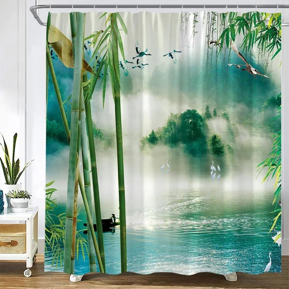 Zen Green Bamboo Shower Curtain Pink Flower Plant Black Stone Spa Garden Scenery Wall Hanging Fabric Bathroom Decor Curtains Set