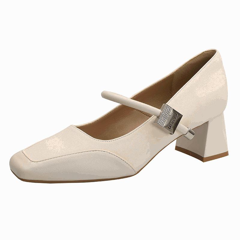 French Mary Jane Shoes Women's Middle Heel New Burgundy Light Mouth Square Head Single Shoes Retro Word with Thick Heel High Heels