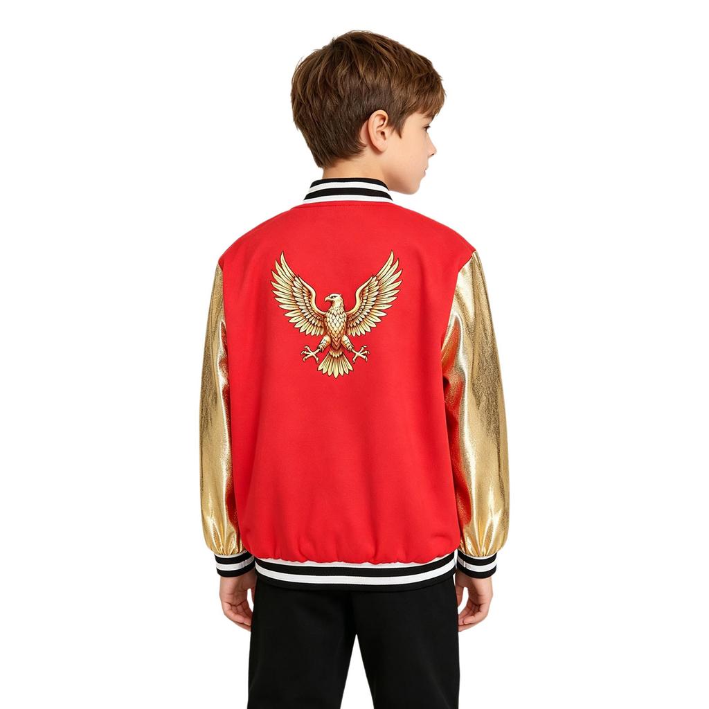 Unisex Metallic Eagle Print Back Bomber Jacket Long Sleeve Color Blocking Outerwear for Kids Dance Street Style