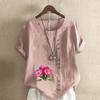 Women's Fashion Flowers Prined Round Neck Short Sleeve T-shirt Casual Cotton Linen Graphic Shirt Leisure Loose Summer Blouse Tops