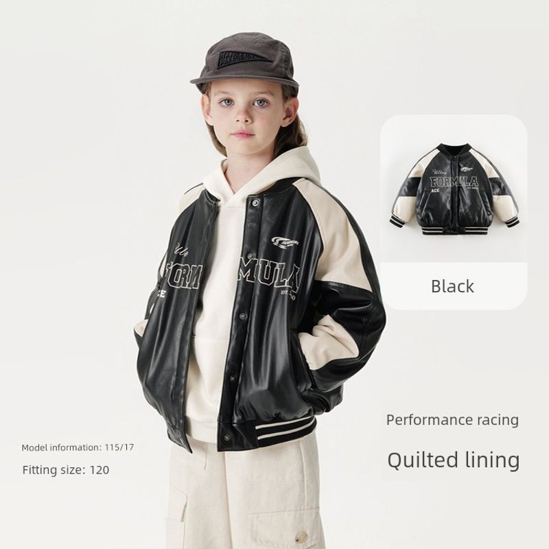 Mark Jenny Girls  Trendy Cool Racing Patchwork Leather Jacket Children s Padded Coat Autumn/Winter New Style 241258 Black 100