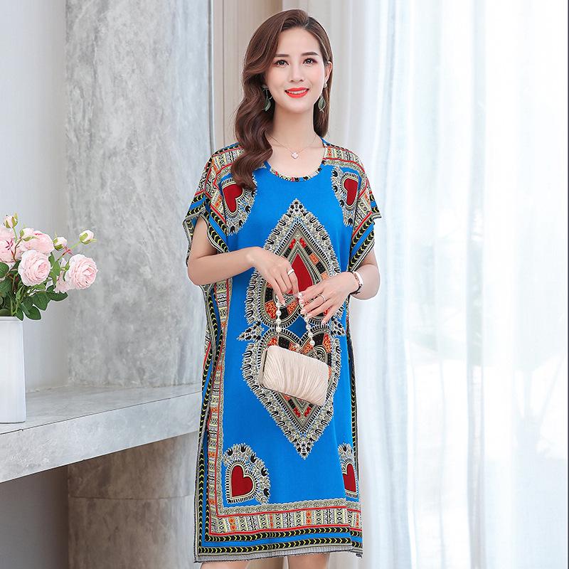 Summer Cotton Silk Loose Fit Mid-Length Bat Sleeve Dress for Women - Plus Size, Belly Covering, Slimming Beach Dress for Moms