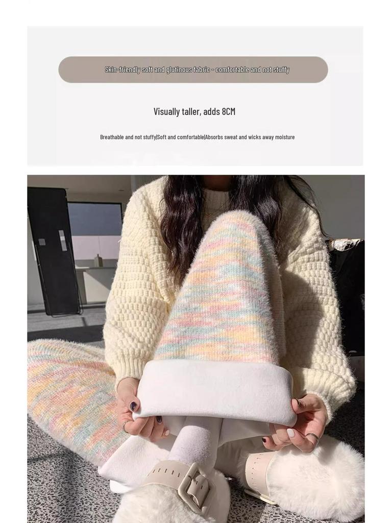 Women's 150cm Rainbow Knit Fleece-Lined Wide-Leg Pants