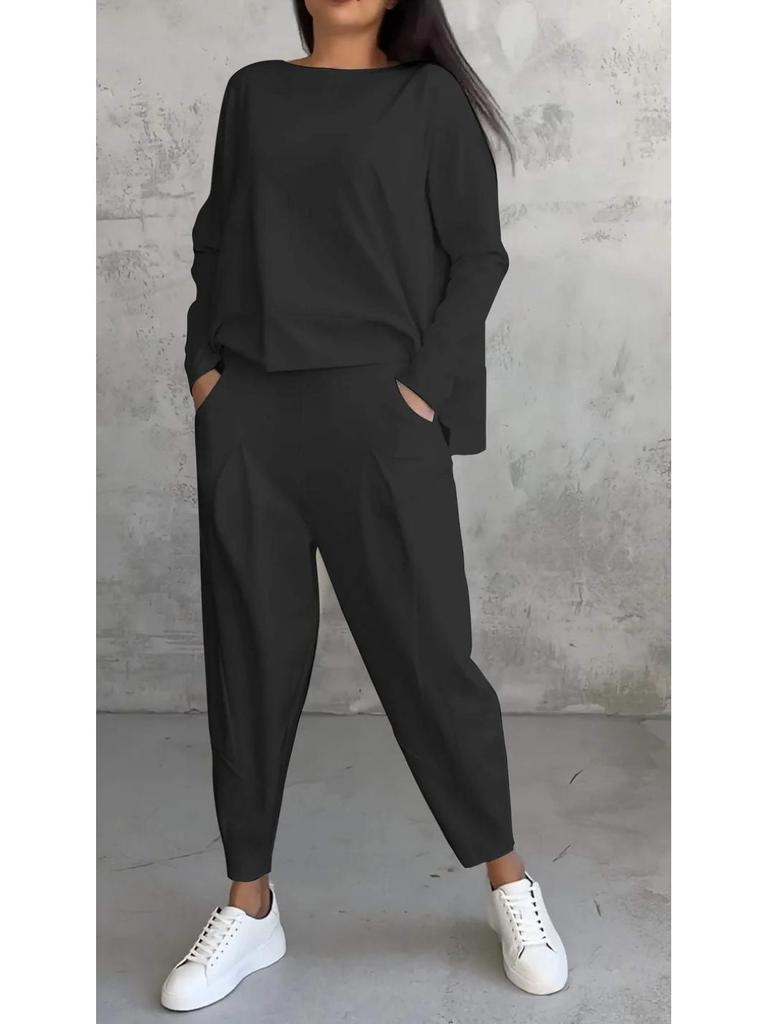 2025 Women's Solid Color Round Neck Long-Sleeve Suit with Pocket Pants