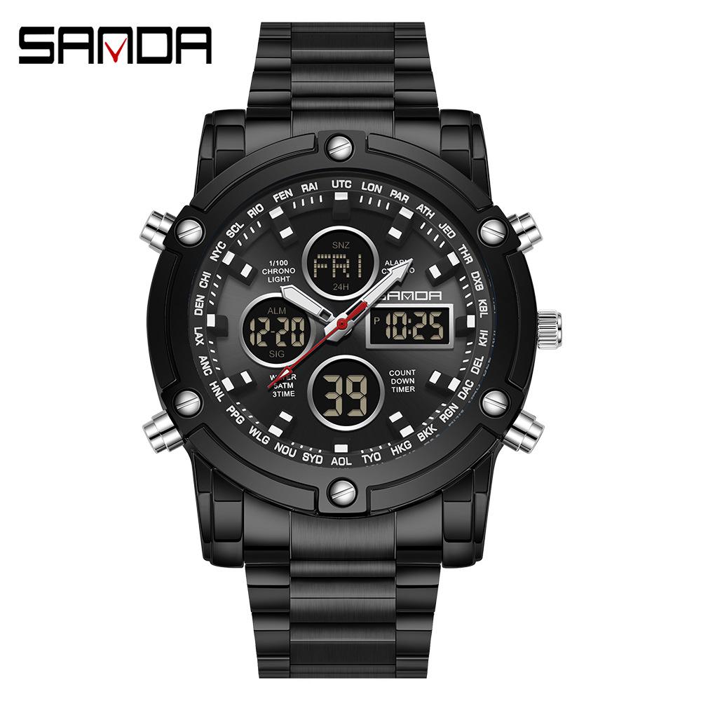 Sanda Men's Multifunctional Large Dial Steel Strap Waterproof Watch with Three Time Zones for Outdoor Sports - Model 3394