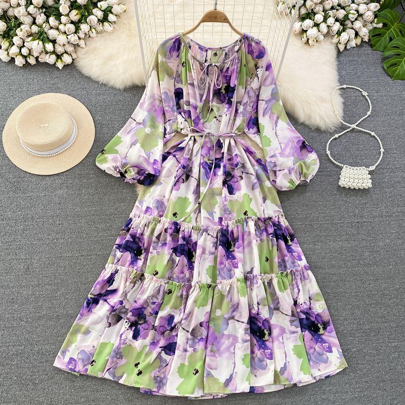

Retro Long Sleeves A- line Elegance Wide Hem Printed Dress Purple spell Green All yards