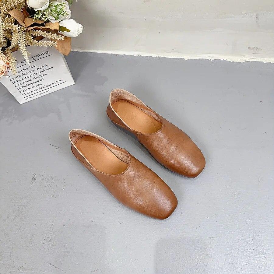 Johnature Zapatos planos poco profundos de cuero genuino con punta redonda y suela blanda, mocasines casuales de color sólido para mujer