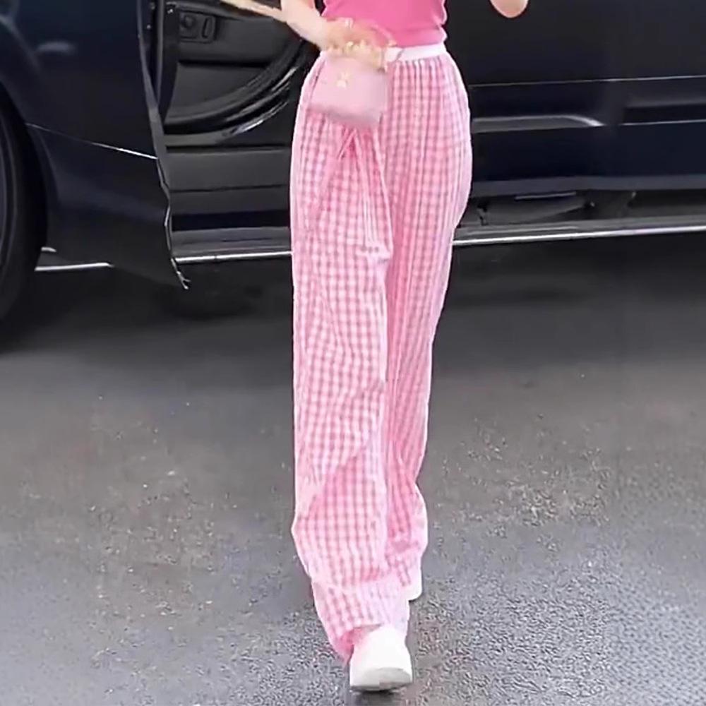 Women's Pink Plaid High-Waist Wide-Leg Pants - 2025 Collection