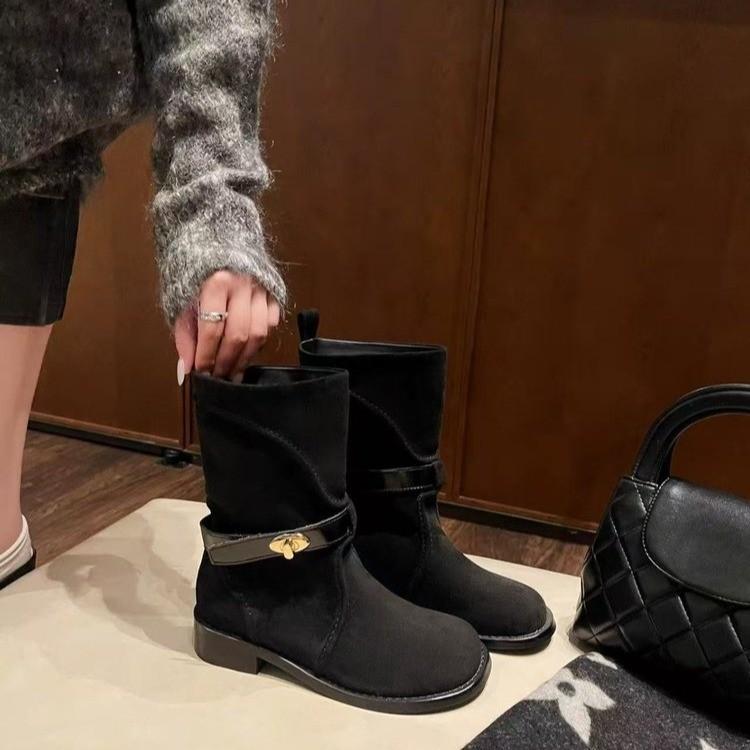 French retro Martin boots women's 2025 new thick heel short boots belt buckle thin fashion boots suede medium boots